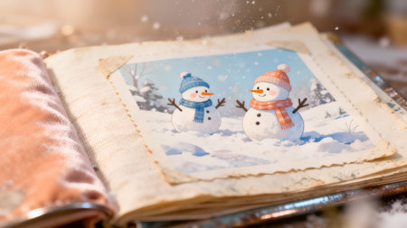 Snowman and snowflakes in old photo album, close upの素材
