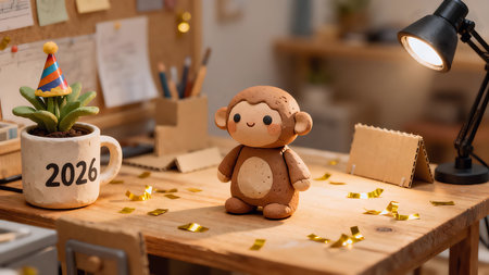 Happy new year 2020. Wooden toy monkey on the table in the office.の素材
