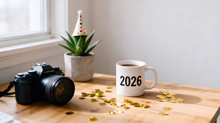 Coffee cup with calendar and camera on wooden table at homeの素材