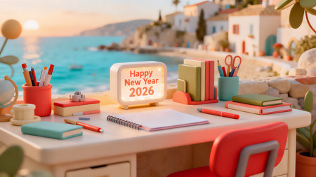 Handwriting text Happy New Year 2022. Conceptual photo Welcome to the beginning of the new year in the Gregorian calendar Stationary placed on the table near the seaの素材