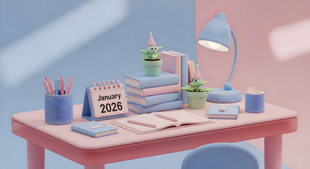 3D illustration of a desk with stationery and a calendar.の素材