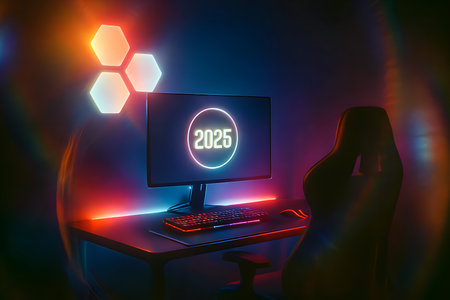 Concept of 2019. Neon lights on a dark background. A woman sits at a table in front of a computer monitor. 3d renderingの素材