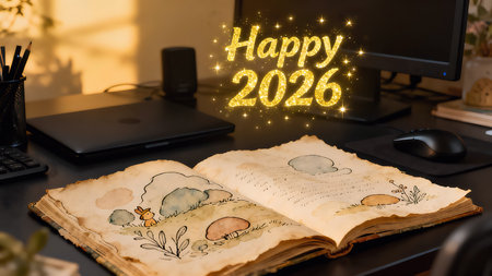 Happy new year 2016 text on an open book with a computer on the backgroundの素材