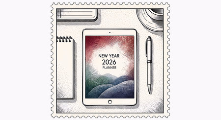 Postage stamp with the image of a smartphone and a pen.の素材
