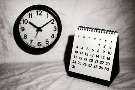 Calendar on the background of a white sheet of paper and clockの素材