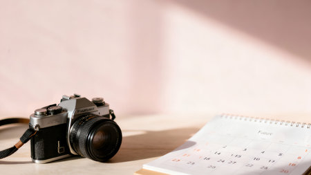 Calendar and camera on wooden table with copy space, planning for travel conceptの素材