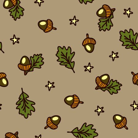 Seamless vector pattern with acorns and stars on grey background. Beautiful nature wallpaper design with magical shine.のイラスト素材