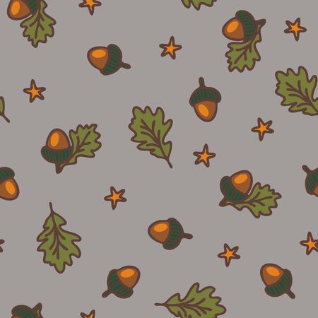 Seamless vector pattern with acorns and stars on grey background. Beautiful autumn wallpaper design.のイラスト素材