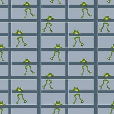 Seamless vector pattern with hanging frogs on blue background. Funny animal wallpaper design with squares. Repeat toad textile fashion.のイラスト素材