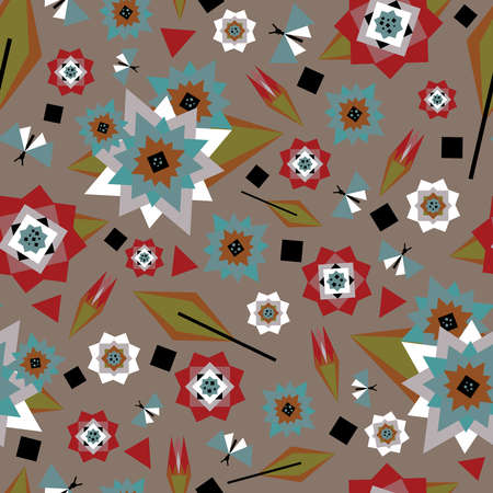 Seamless vector pattern with geometrical flowers on grey background. Simple vintage style wallpaper...