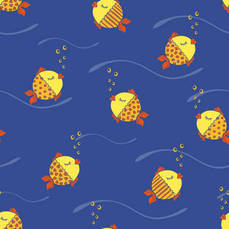 Seamless vector pattern with baby fishes on blue background. Sleeping, dreaming goldfish and bubbles kids wallpaper design.のイラスト素材