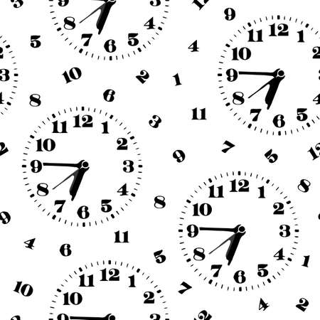 Seamless vector pattern with black clock on white background. Simple wallpaper design with numbers.のイラスト素材