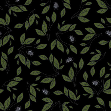 Seamless vector pattern with leaves and beetles. Bugs on black background. Design with insects and leaf.のイラスト素材