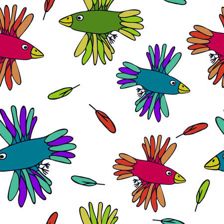 Seamless vector pattern with colourful birds. Fun kids wallpaper design on white background. Flying parrot, feathers.のイラスト素材