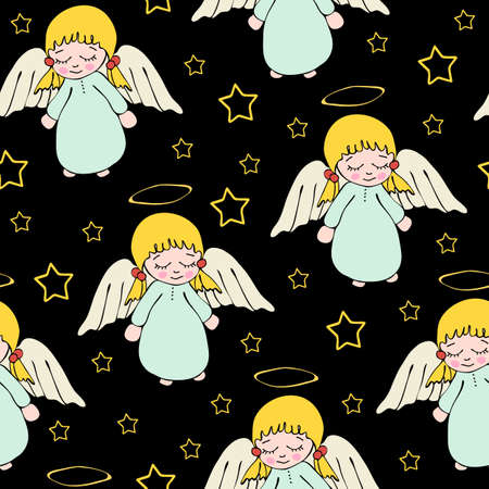 Seamless vector pattern with cute cartoon angels and stars on black background. Baby girl wallpaper design. Praying heaven.のイラスト素材