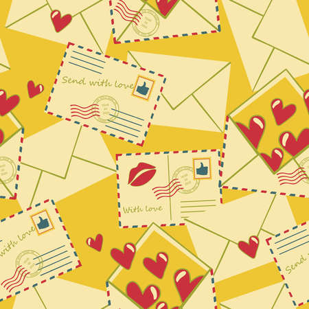 Seamless vector pattern with vintage envelopes and love hearts on yellow background. Romantic valentines day wallpaper design with love letters.のイラスト素材