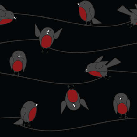 Seamless vector pattern with cartoon like birds on line. Dark wallpaper design with tits. Funny kids fabric design.のイラスト素材