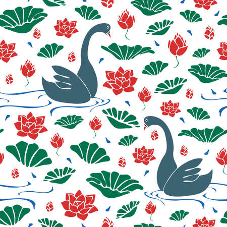 Seamless vector pattern with swans and lotus flowers on white background. Romantic wallpaper design with birds swimming in lake.のイラスト素材