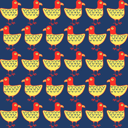 Seamless vector pattern with birds on blue background. Simple vintage wallpaper design chickens on row.のイラスト素材