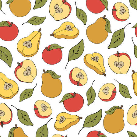 Seamless vector pattern with apples and pears on white background. Simple vintage wallpaper design....