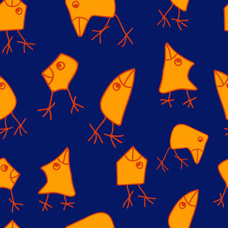Seamless vector pattern with funny cartoon yellow birds on bright blue background. Animal wallpaper design for children.のイラスト素材