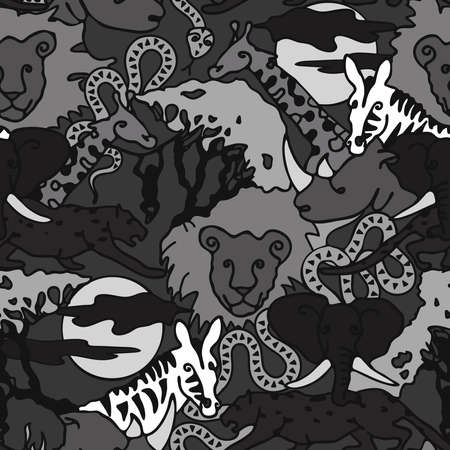 Seamless vector pattern with safari animals on grey background. African hand drawn wallpaper design for children.のイラスト素材