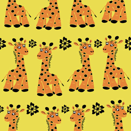 Seamless vector pattern with cartoon style giraffes on yellow background. Animal wallpaper design for children.のイラスト素材
