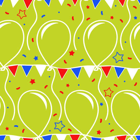 Seamless vector pattern with balloons and wall flags on green background. Simple party wallpaper design. Celebration fashion textile.のイラスト素材