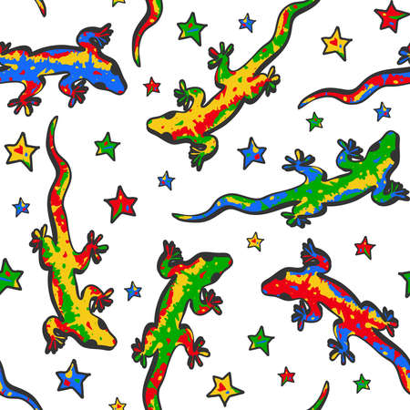 Seamless vector pattern with lizards and stars on white background. Cute wallpaper design with colourful geckos. Animal fashion textile.のイラスト素材