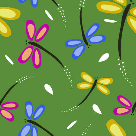 Seamless vector pattern with colourful dragonfly's on green background. Cute abstract animal wallpaper design. Hand drawn fashion textile.のイラスト素材