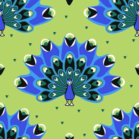 Seamless vector pattern with blue peacocks on green background. Beautiful bird wallpaper design. Repeat Indian fashion textile.のイラスト素材