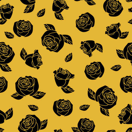 Seamless vector pattern with black roses on yellow background. Simple floral wallpaper design. Vintage fashion textile.のイラスト素材