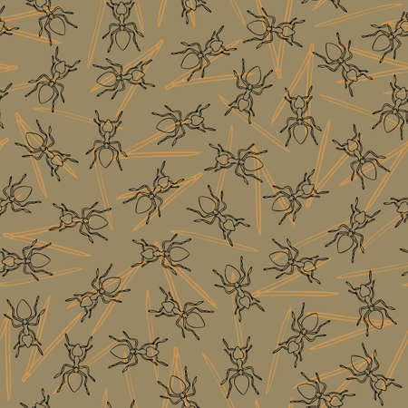 Seamless vector pattern with ants on light beige background. Simple ant nest wallpaper design. Outlined insect fashion textile.のイラスト素材