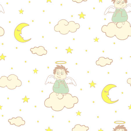 Seamless vector pattern with angels in sky on white background. Gentle, cute children wallpaper design with moon, stars and angel praying.のイラスト素材