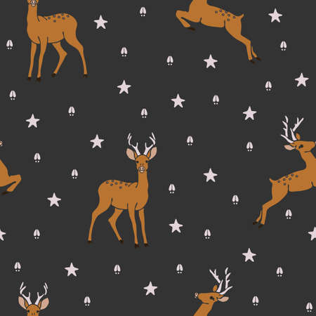 Seamless vector pattern with deer and stars on grey background. Simple animal dark wallpaper design. Elk footprints.のイラスト素材