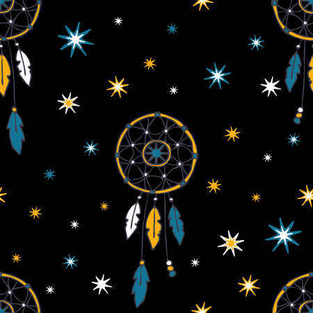 Seamless vector pattern with dream catcher and stars on black background. Spirituality gypsy wallpaper design. Hippy fashion textile.のイラスト素材