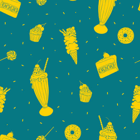 Sweet food seamless vector wallpaper pattern with ice cream, cake, cupcake and donuts silhouettes on turquoise background. Bright yellow food.のイラスト素材