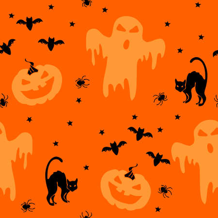Seamless vector pattern with cats and pumpkins on orange background. Simple Halloween wallpaper design with ghosts. Scary holiday fashion textile.のイラスト素材