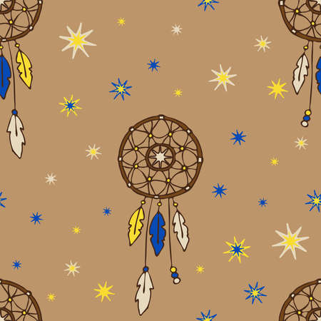Seamless vector pattern with dream catcher on beige background. Spiritual wallpaper design with stars. Lifestyle fashion textile.のイラスト素材
