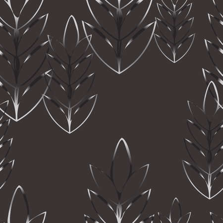 Seamless vector pattern with abstract leaves on dark grey background. Silver tree wallpaper design. Romantic fashion textile.のイラスト素材