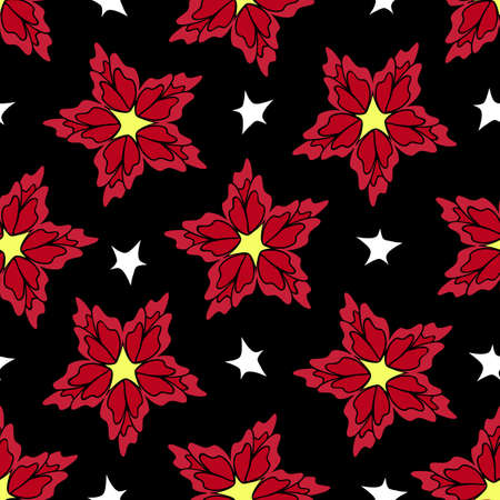 Seamless vector pattern with red flowers and stars on black background. Christmas floral wallpaper design with poinsettias. Holiday fashion textile.のイラスト素材
