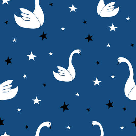 Seamless vector pattern with swans and stars on blue background. Simple wallpaper design with birds. Ideal for fabric, fashion, textile, kids clothing.のイラスト素材