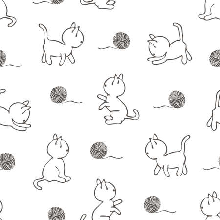 Seamless vector pattern with cats on white background. Simple animal line art wallpaper design. Cute kitten fashion textile.のイラスト素材