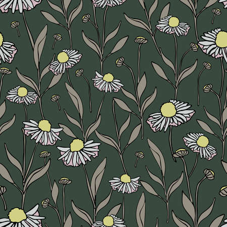 Seamless vector pattern with daisy flowers on green background. Vintage floral wallpaper design with chamomile.のイラスト素材