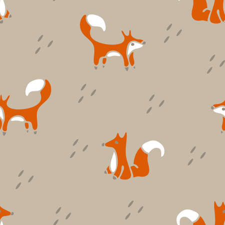 Seamless vector pattern with hand drawn fox on grey background. Simple animal wallpaper design for children. Wildlife fashion textile.のイラスト素材
