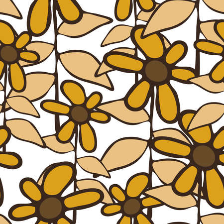 Seamless vector pattern with hand drawn flowers on white background. Floral rusty meadow wallpaper design with brown colours. Beautiful moody fashion style.のイラスト素材
