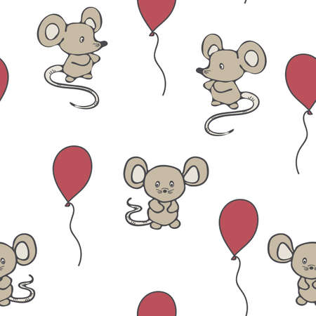 Seamless vector pattern with pink balloons and mice on white background. Cartoon mouse wallpaper design for children. Cute animal hand drawn fashion textile.のイラスト素材