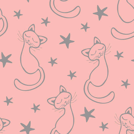 Seamless vector pattern with cat on pink background. Bedroom wallpaper design with sleeping kittens and stars. Baby shower fashion textile.のイラスト素材