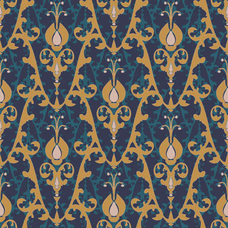 Seamless vector pattern Victorian style wallpaper design. Blue, green and beige flower repeat art.のイラスト素材