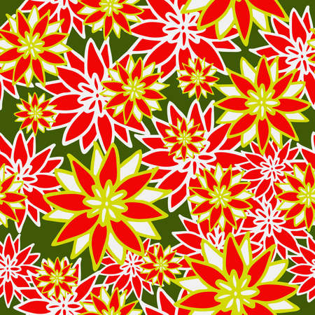 Seamless vector pattern with Christmas flowers on green background. Simple winter floral wallpaper design. Holiday season fashion textile.のイラスト素材